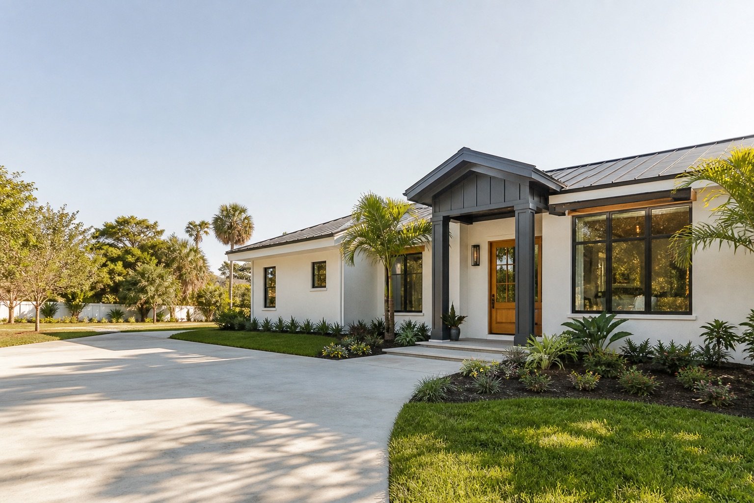 Renovated Florida home with white stucco, charcoal trim, and tropical landscaping